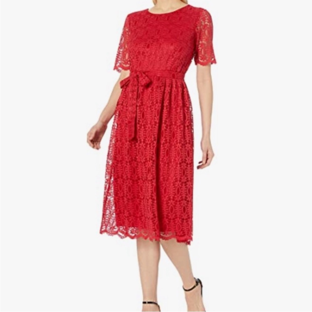 Nine West Red Short Sleeve Lace Midi Dress